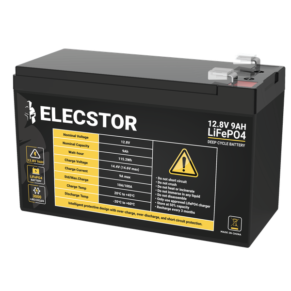 Elecstor 12V 9A Lithium Battery LIFEPO4 Alarm or Gate motor replacement