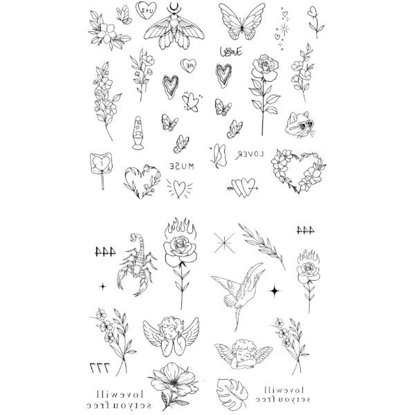 4 Piece - Whimsical Floral And Small Animal Temporary Tattoo - Black