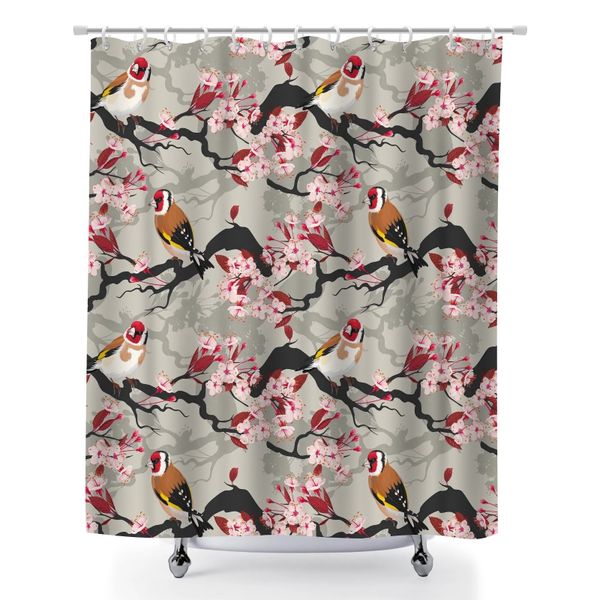 Floral and Bird Print Bathroom Shower Curtain, 180x180cm Bath Curtain