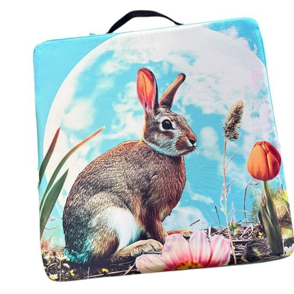 Outdoor Stadium Cushion - Brown Bunny, Moon &amp; Flowers