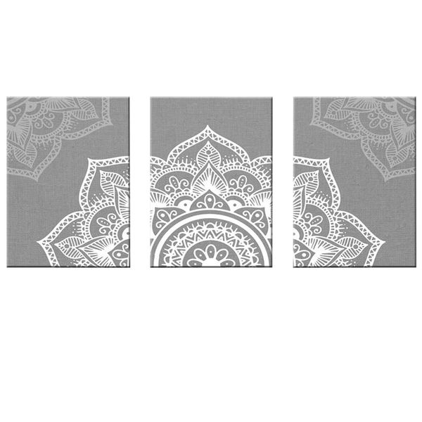 Canvas-Art-3 Pieces Bohomian Grey Mandala Pattern Floral Wall Art