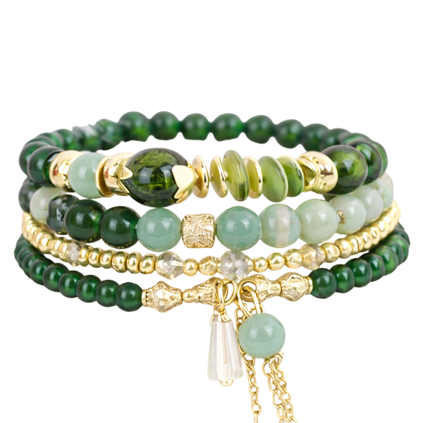 4-Piece Crystal Bead Bracelet Set- Emerald Green &amp; Gold Stackable Bracelets