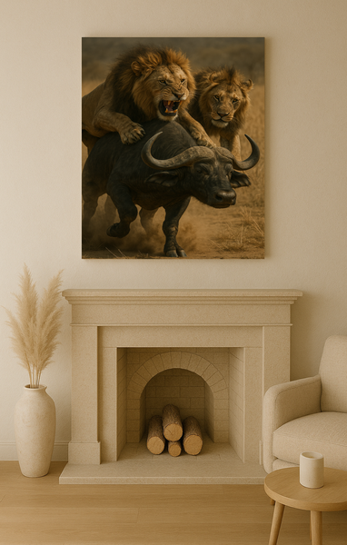 In Action Lion VS Buffalo Canvas - Wall Art