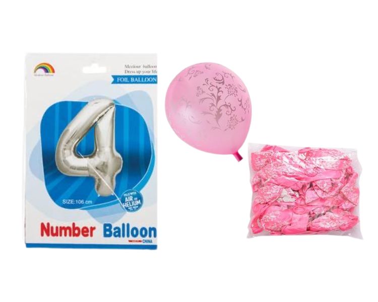 Birthday Age 4 Balloon Sil + Pink ballons