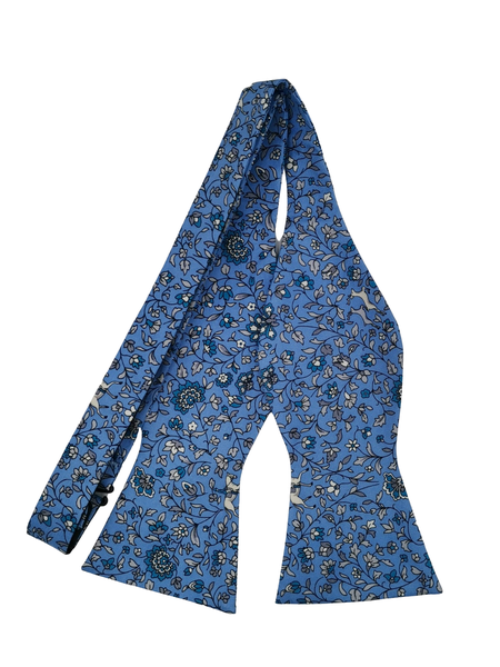 100% Silk Premium Bowtie - Blue/Silver Floral Nature Design