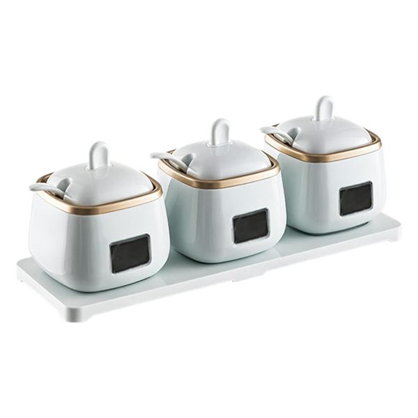Luxury Ceramic 3-Grid Spice Jars With Spoons and Tray - Ice Jade/Gold