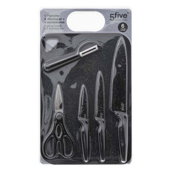 5five Plastic Black Cutting Board 6 Piece 3 Knives 1 Ceramic Peeler 1 Scissor
