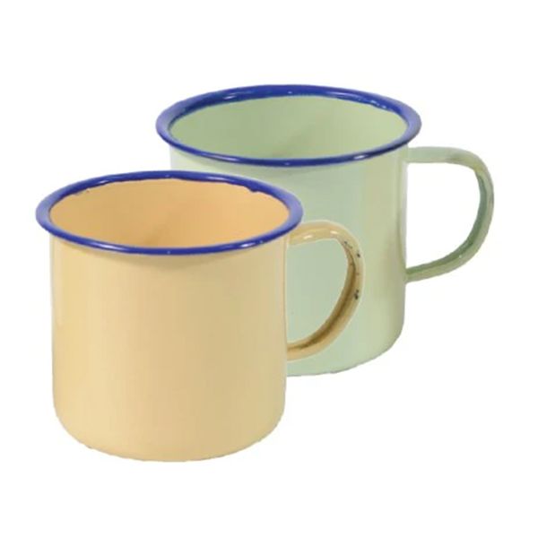 9cm Enamel Coffee Cups Beige &amp; Green for Home, Picnics or Camping 2 Pack
