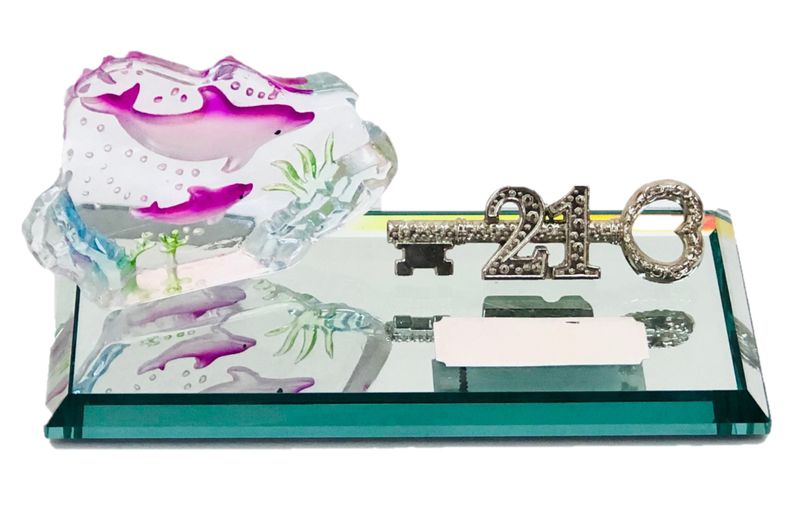 21st Key - Pink Dolphin In Glass Block On Mirror Base With Engraving Plate