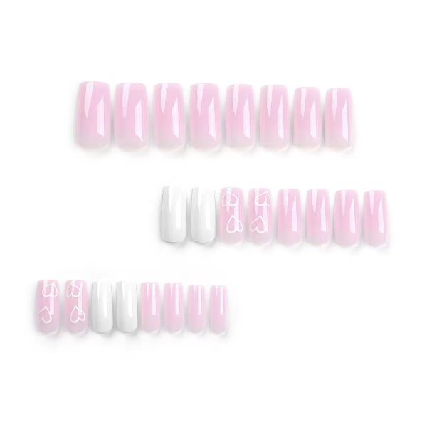 Gradient Pink And White Square False Nails With Heart Shapes