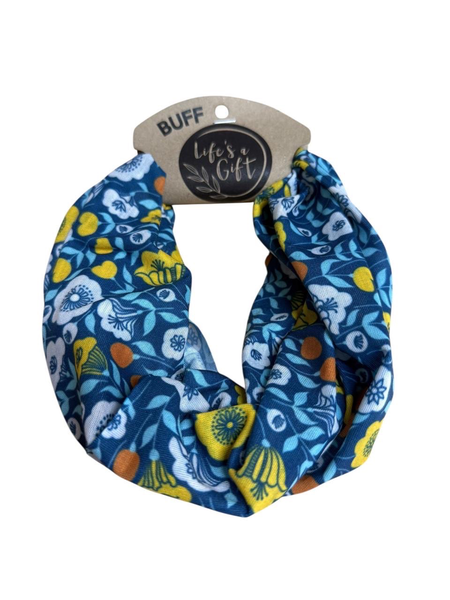 Neck Gaiter - Tiny Yellow, White &amp; Orange Flowers with Blue Leaves