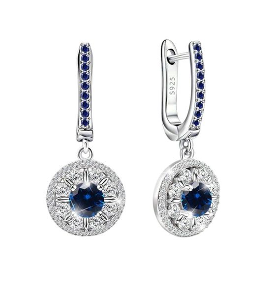 925 Sterling Silver Round Pendant Hoop Earrings - Silver &amp; Blue