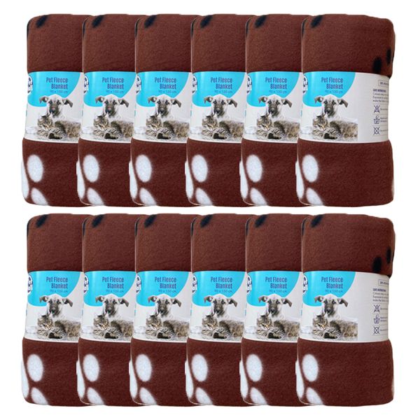 Pet Mall Pet Fleece Blanket Brown Paw Print (76 x 100cm) - 12 Pack
