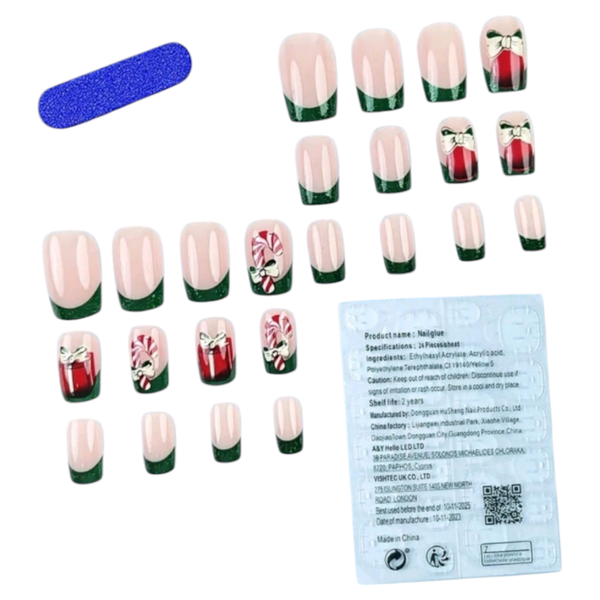 24pcs Christmas Green Glitter French press on Nails