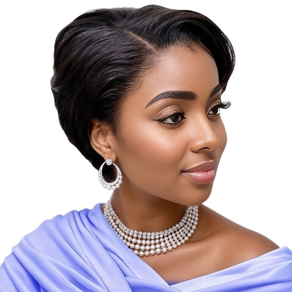 Human Hair Wig with 13x4Lace Pixie Cut Straight Wig - Black In