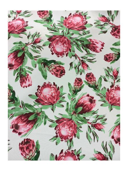 White Table Cloth with Pink Proteas 8-10 seater (150cm x 320cm)