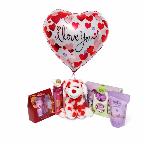 Body Care Pamper Gift Set for Her with Plush Dog &amp; Heart Balloon