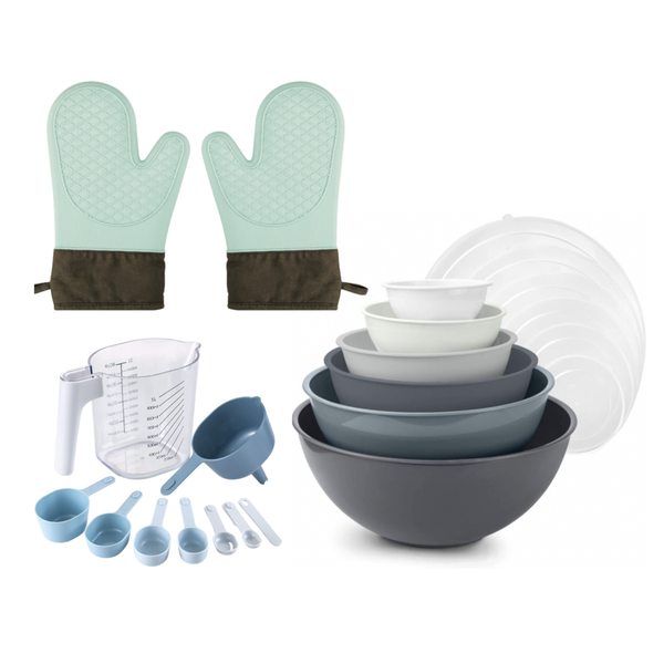 Nesting Measuring Cup &amp; Bowl Set with Silicone Heat Resistant Oven Mitts