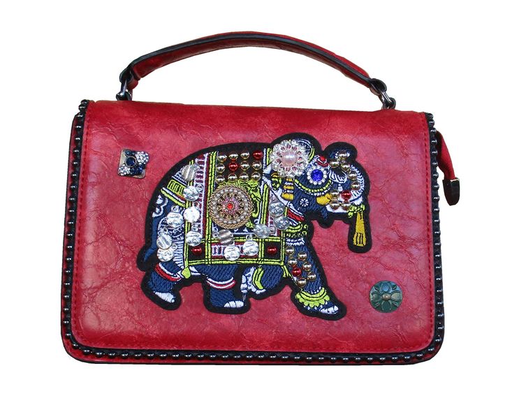 Women's Red Bohemian Elephant Handbag - Imitation Leather - Adjustable Strap