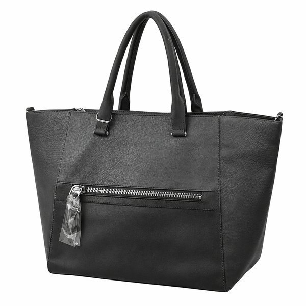 Black PU Leather Tote Handbag with Zip Pocket