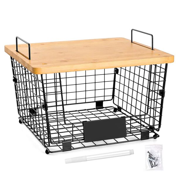 Metal Kitchen Counter Basket Organiser With Bamboo Top - Pantry Storage Bin