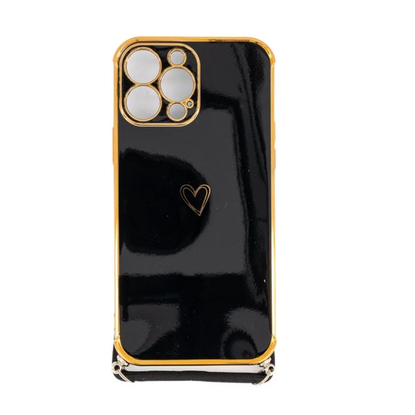 Cover with Black Rope Crossbody Lanyard for iPhone - Black &amp; Gold