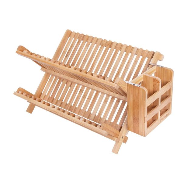 2-Tier Foldable Bamboo Dish Cup Drying Rack with Utensils Flatware Holder