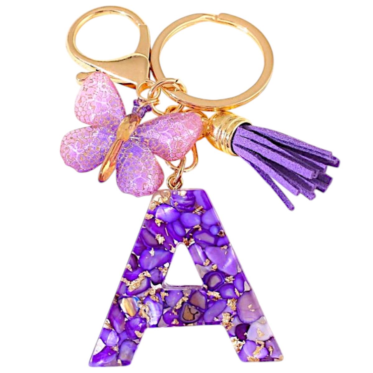 Whimsical Butterfly Keychain With Soft Butterfly Tassel - Purple and Gold
