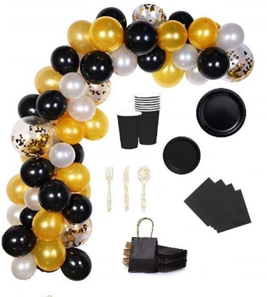 Black, Gold &amp; White Balloon Chain and 20 Seat Paper Tableware Set (294 Pcs)