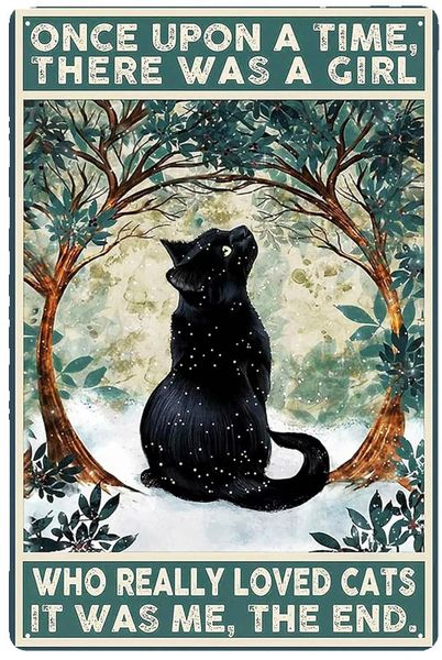 Black Cat Tin Sign, "A Girl Loved Cats" Gift for Women Home