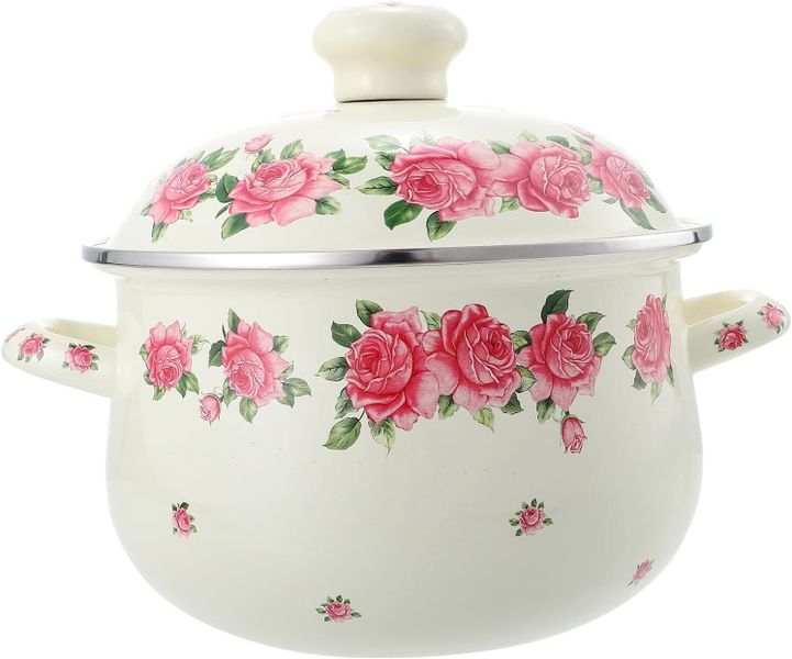 Enamel Stock Pot Lid Dual-handle Pink Rose Vintage Stew