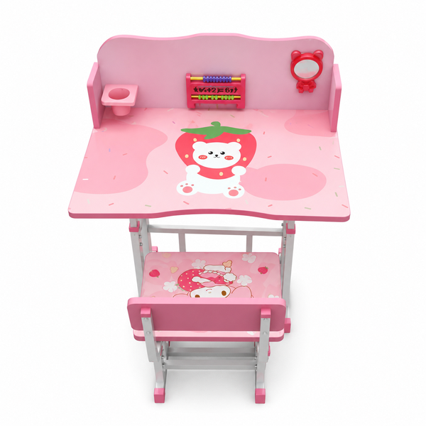 Kids Pink Study Desk &amp; Chair Set with Cartoon Design
