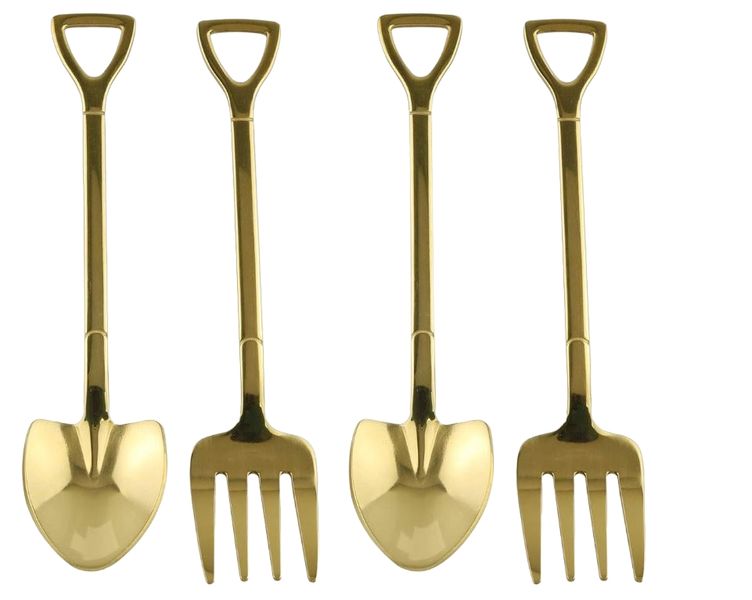 2 piece Gold Small Stainless steel spade Spoon and 2 piece Fork