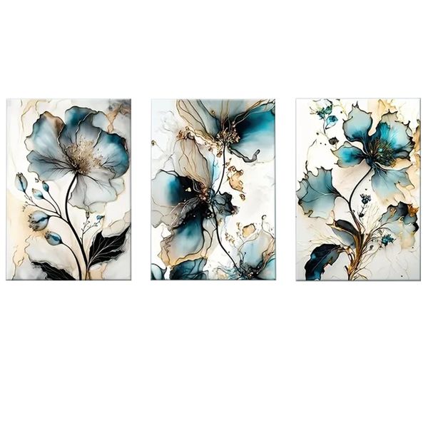 Canvas-ART-3 Pieces Blue Floral Contemporary Abstract Wall Art