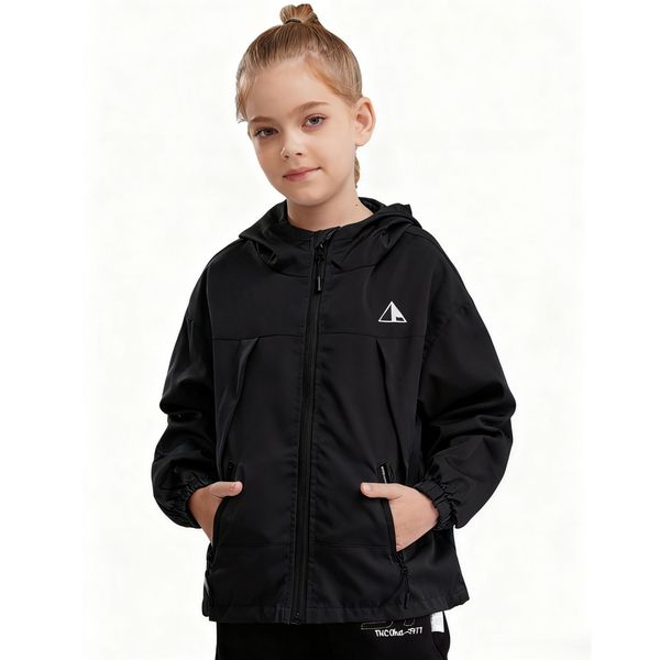 Kids Hooded Jacket Coat Long Sleeve Waterproof Jacket Outerwear Black zip