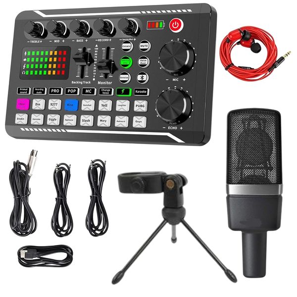 Live Streaming Microphone Sound Card Set With Tripod &amp; Wired Headphone