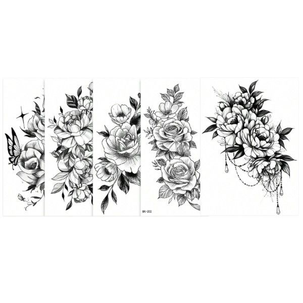 5 Piece - Floral-Designed Temporary Tattoo Set - Black