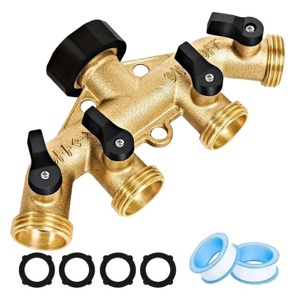 Garden 4-Way Hose Faucet Splitter With Four Valves &amp; Seal Tapes 7pc - 16cm
