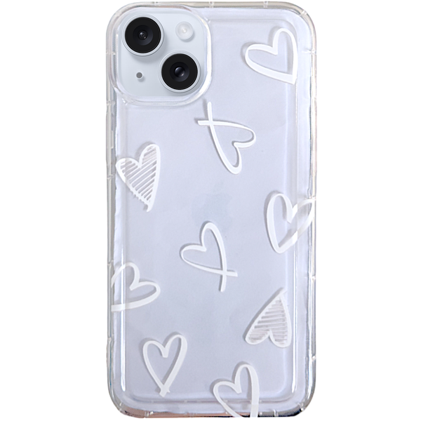 Clear - Phone Case with Big White Hearts &amp; Bubble Edge - Iphone 14 Plus