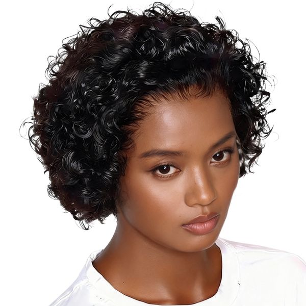 Golden Perfect Short Water Wave Curly Pixie Wig-Brazilian Human Hair Wig