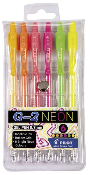 Pilot G-2 0.7 Gel Retractable Pen - Wallet of 6 Neon Colours