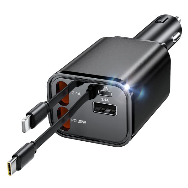 Retractable 4-in-1 Car Charger -Compatible with iPhone 16 and Other Devices