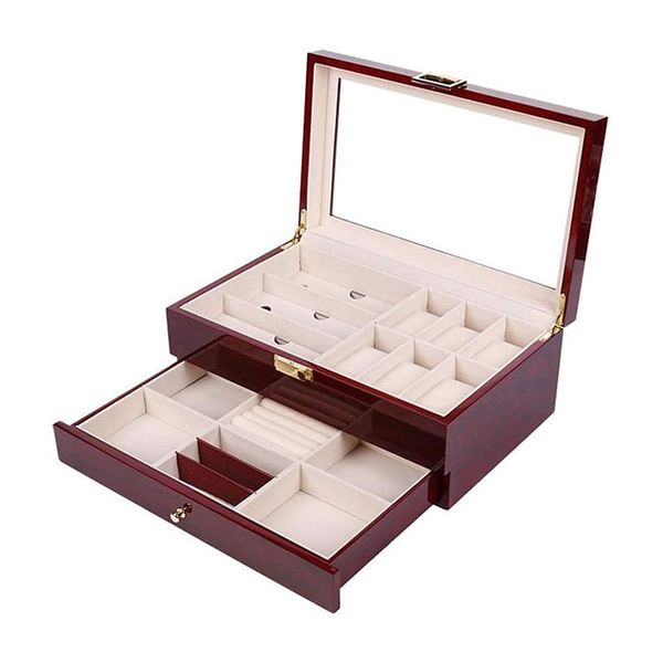 2-Layers Wooden Jewelry - 6 Watches And 3 Sunglasses Display Organizer Box