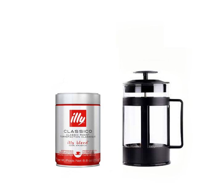 illy Classico Ground Coffee with French Press Coffee Plunger 4-6 Cups