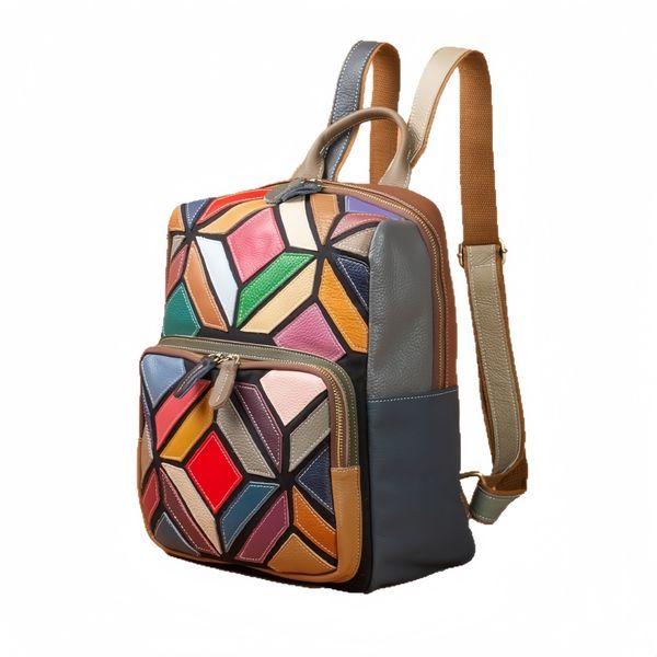 Women Genuine Cowhide Leather Backpack, Boho Geometric Colorblock Design