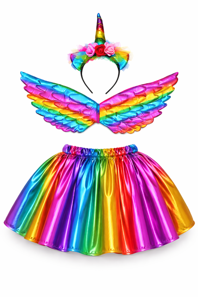 Kids Rainbow Unicorn Costume Set Metallic Tutu Skirt, Wings &amp; Headband