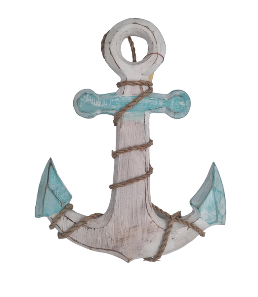Anchor Wooden Hanging Decor With Rope - Turquoise and White - 24cm x 20cm