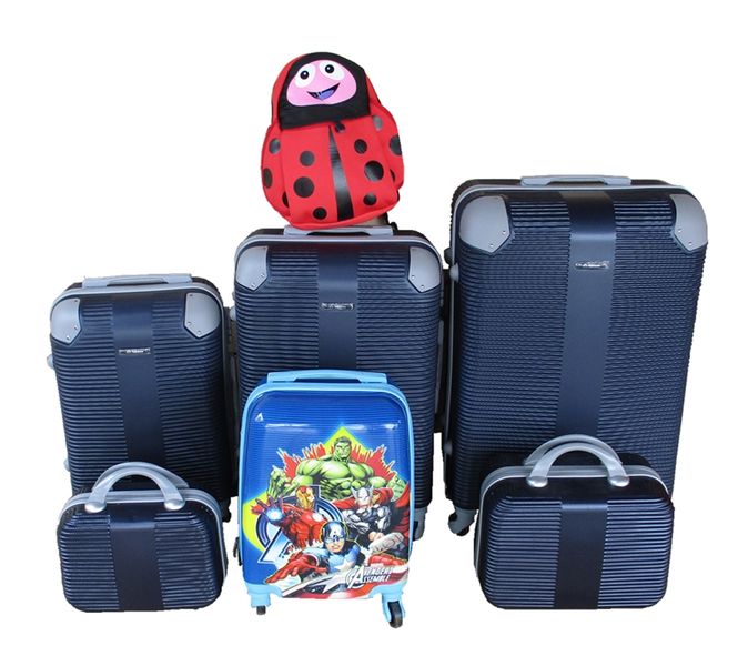 ABS Family Luggage 5-Piece Set Navy, Kids Avengers case and Red Ladybug Bag