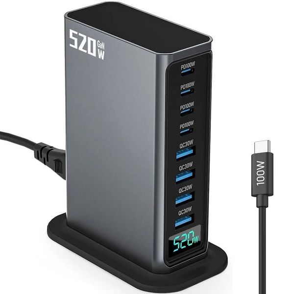8-Port USB Charging Station 520W - GaN Fast Charger with 4 USB-C PD 100W