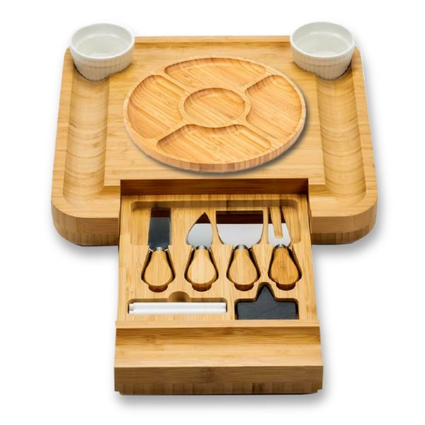 Cheese Board and Knife 10 Set Bamboo Drawers Tray Slider Platter Serve Gift
